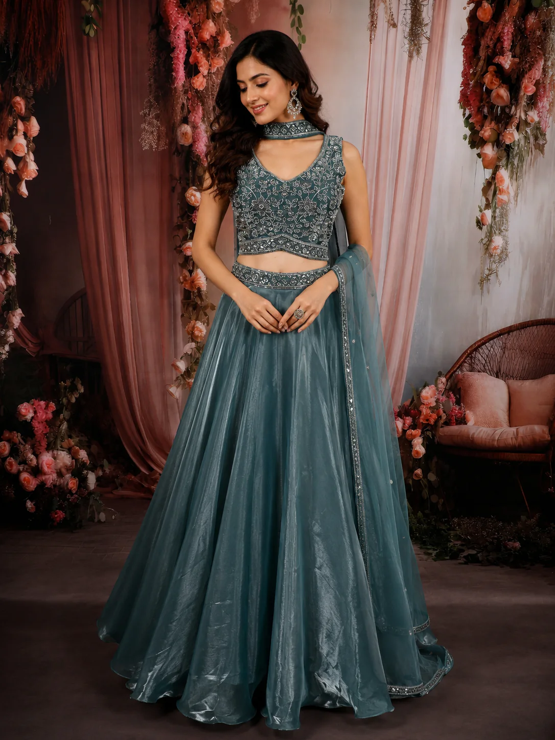 Teal Blue Floral Beads Embroidered Design Tissue Organza Lehenga With Choker Dupatta